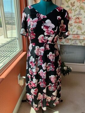 Sejour Black Midi Dress with Pink Floral Print 14W